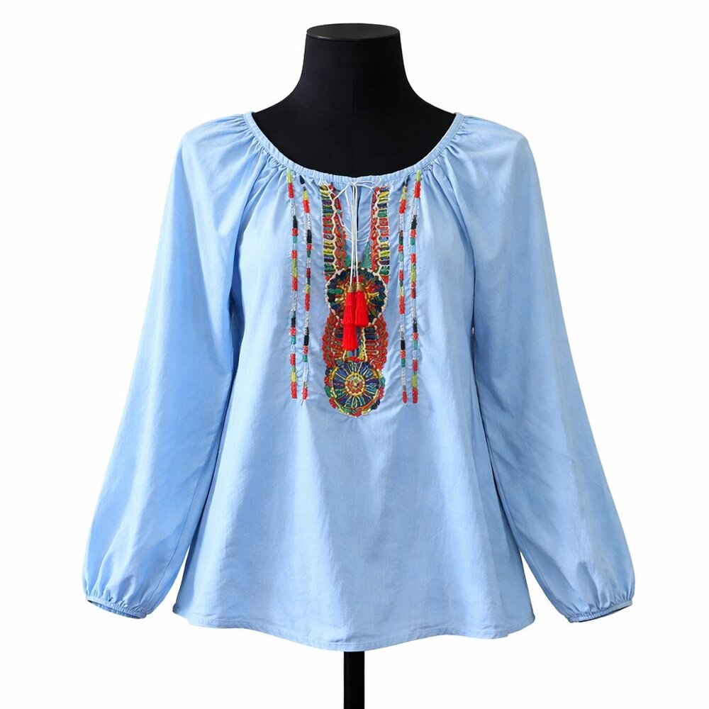 Soft Surroundings Boho Beaded Tassel Top Light Blue M